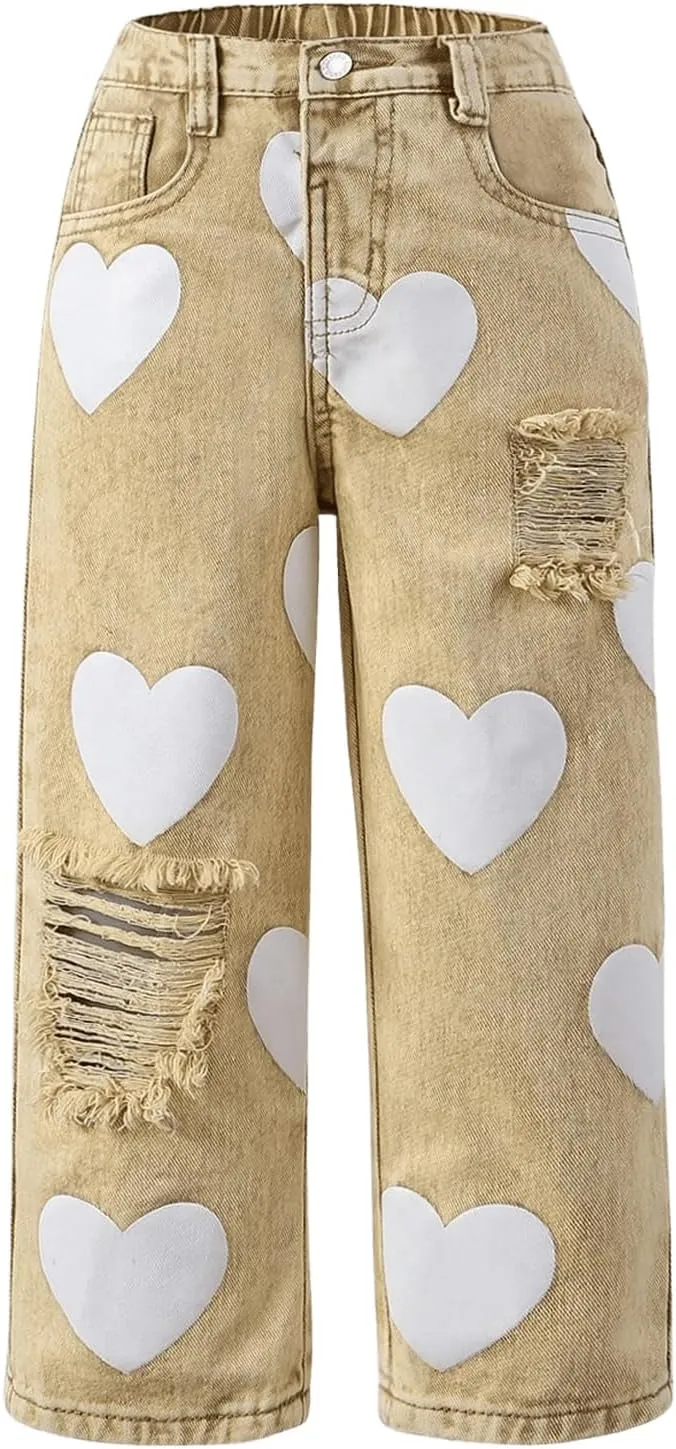 Floerns Toddler Girl's Heart Print Jeans Distressed Ripped Straight Leg Denim Pants
