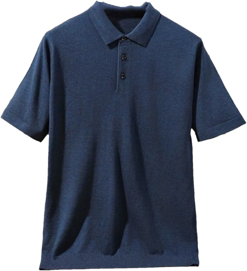 Fnfmrfmr Mens 100 Percent Merino Short Sleeve Wool Polo Shirt Solid Color Business Casual Loose Knit T-Shirt