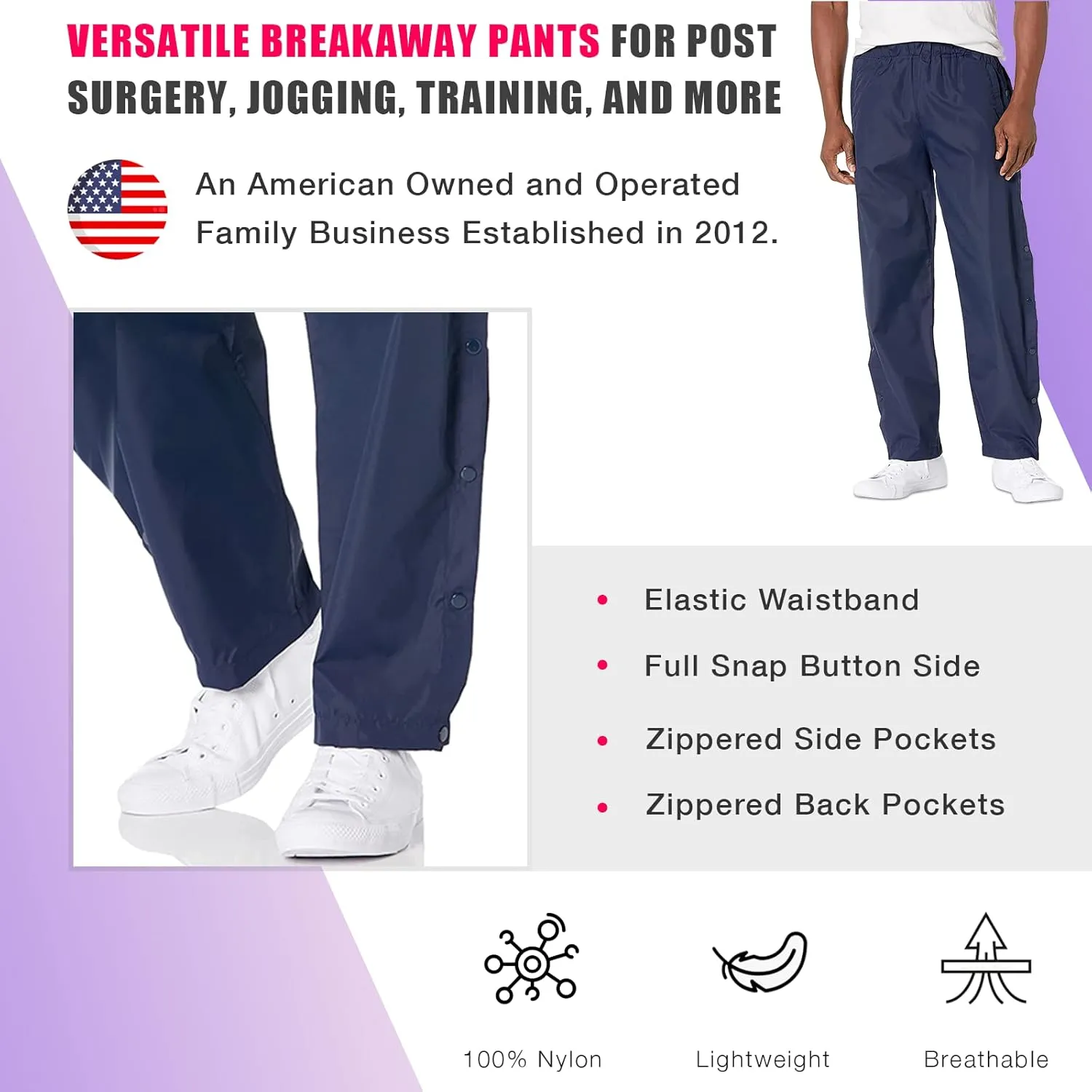 Funny Guy Mugs Tear Away Pull On Pants - Post-Surgery Snap Button Tearaway Elastic Waist Pants - Retro Windbreaker Pants