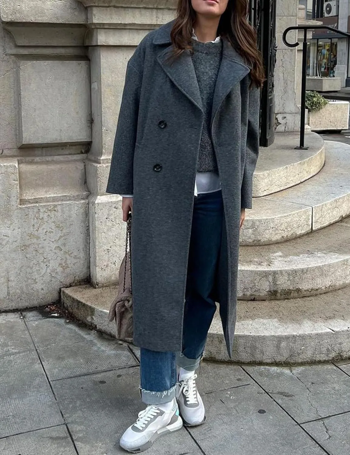Gihuo Women's Notched Collar Wool Blend Pea Coat Winter Double Breasted Trench Coat Long Oversized Button Down Overcoats