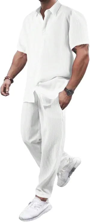 GORGLITTER Men's Two Piece Outfits Short Sleeve Button Down Shirt and Long Pants Set