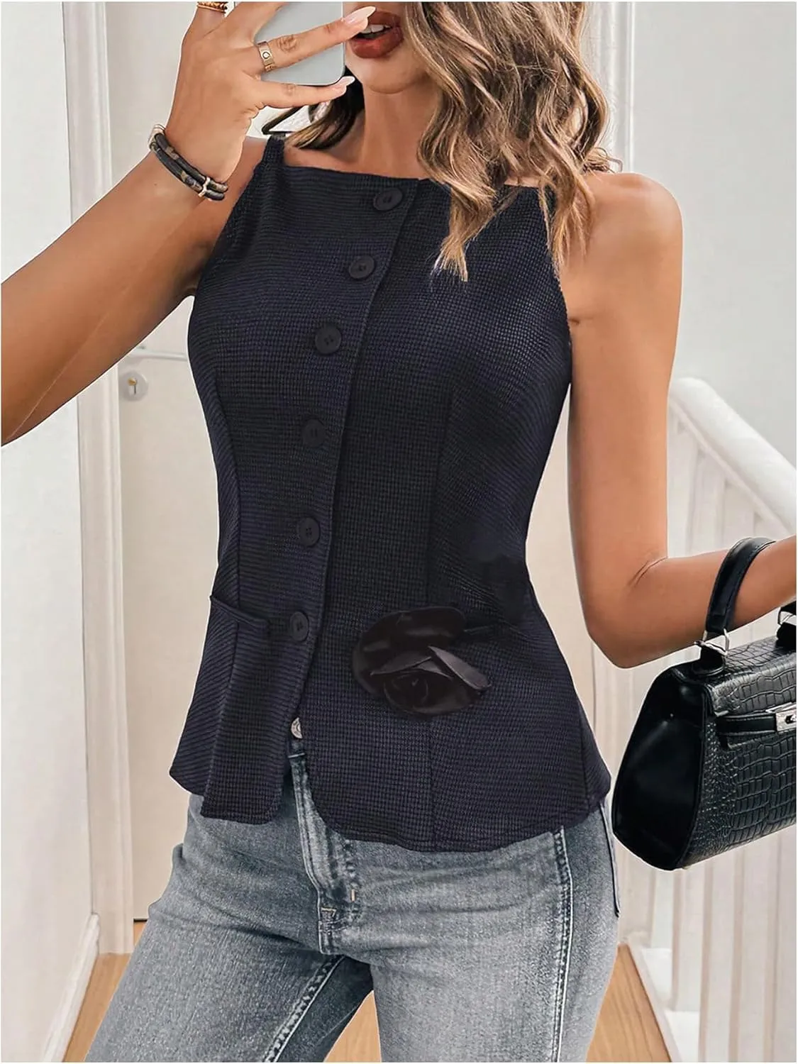 GORGLITTER Women's 3D Floral Suit Vest Button Down Sleeveless Dressy Waistcoat