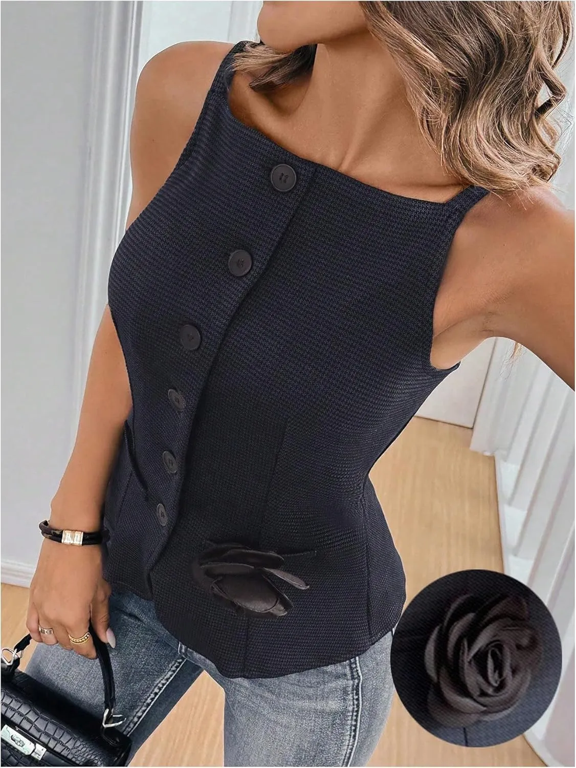 GORGLITTER Women's 3D Floral Suit Vest Button Down Sleeveless Dressy Waistcoat