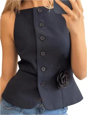 GORGLITTER Women's 3D Floral Suit Vest Button Down Sleeveless Dressy Waistcoat