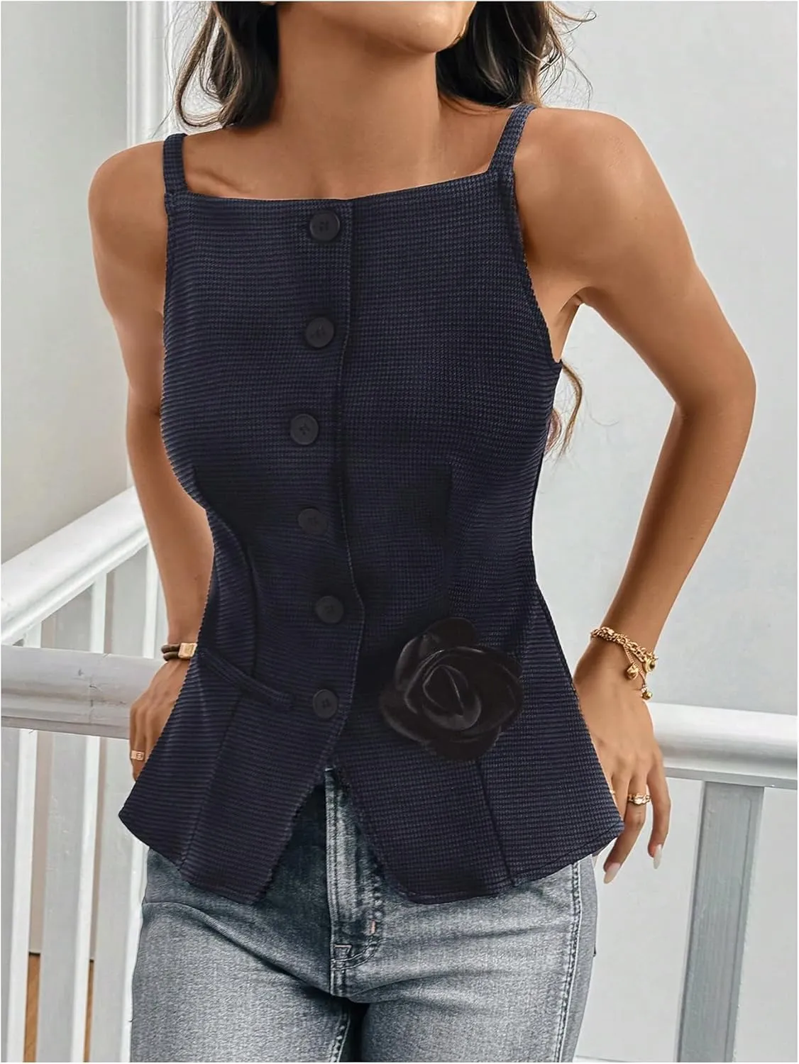 GORGLITTER Women's 3D Floral Suit Vest Button Down Sleeveless Dressy Waistcoat