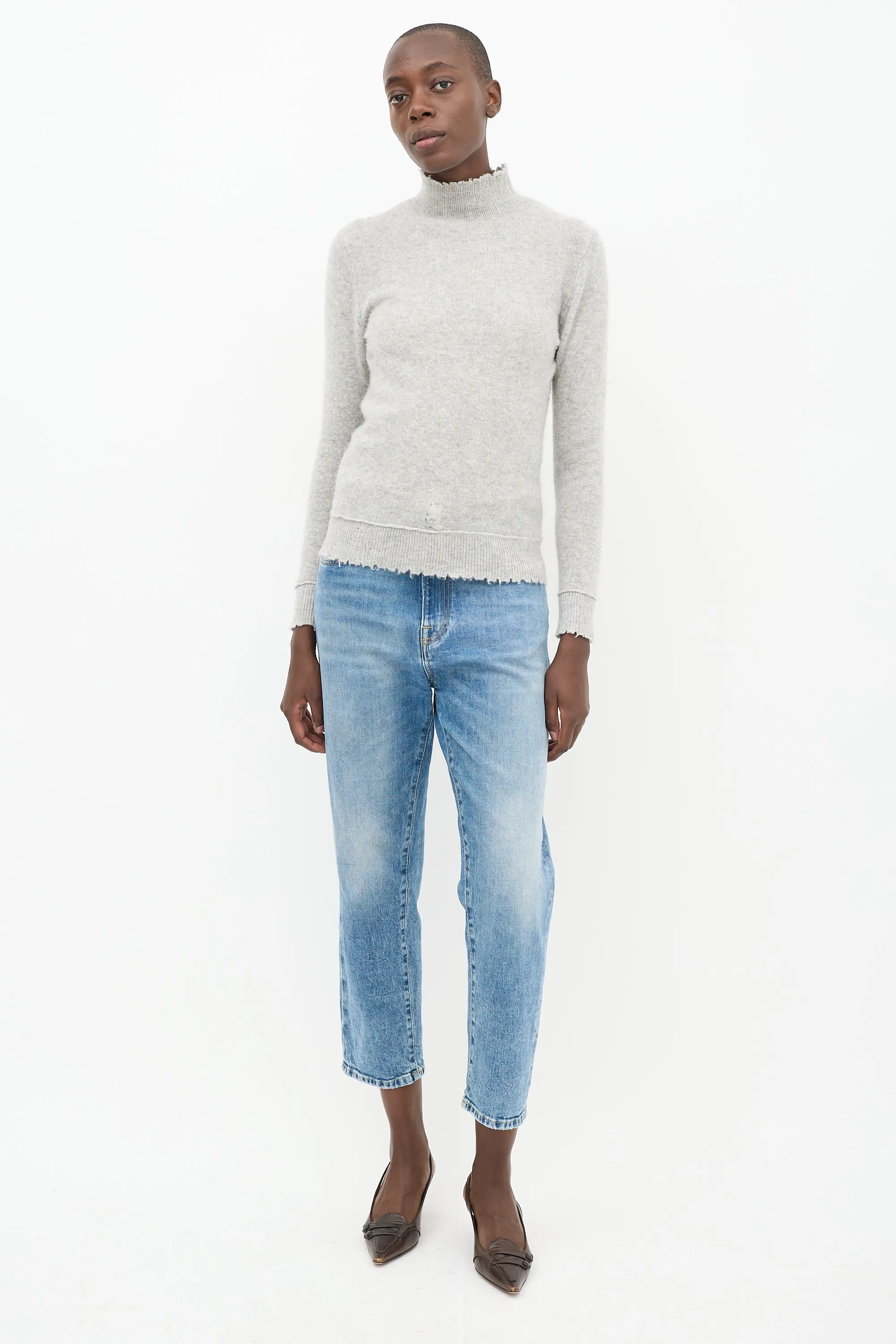 Grey Cashmere Distressed Knit Sweater