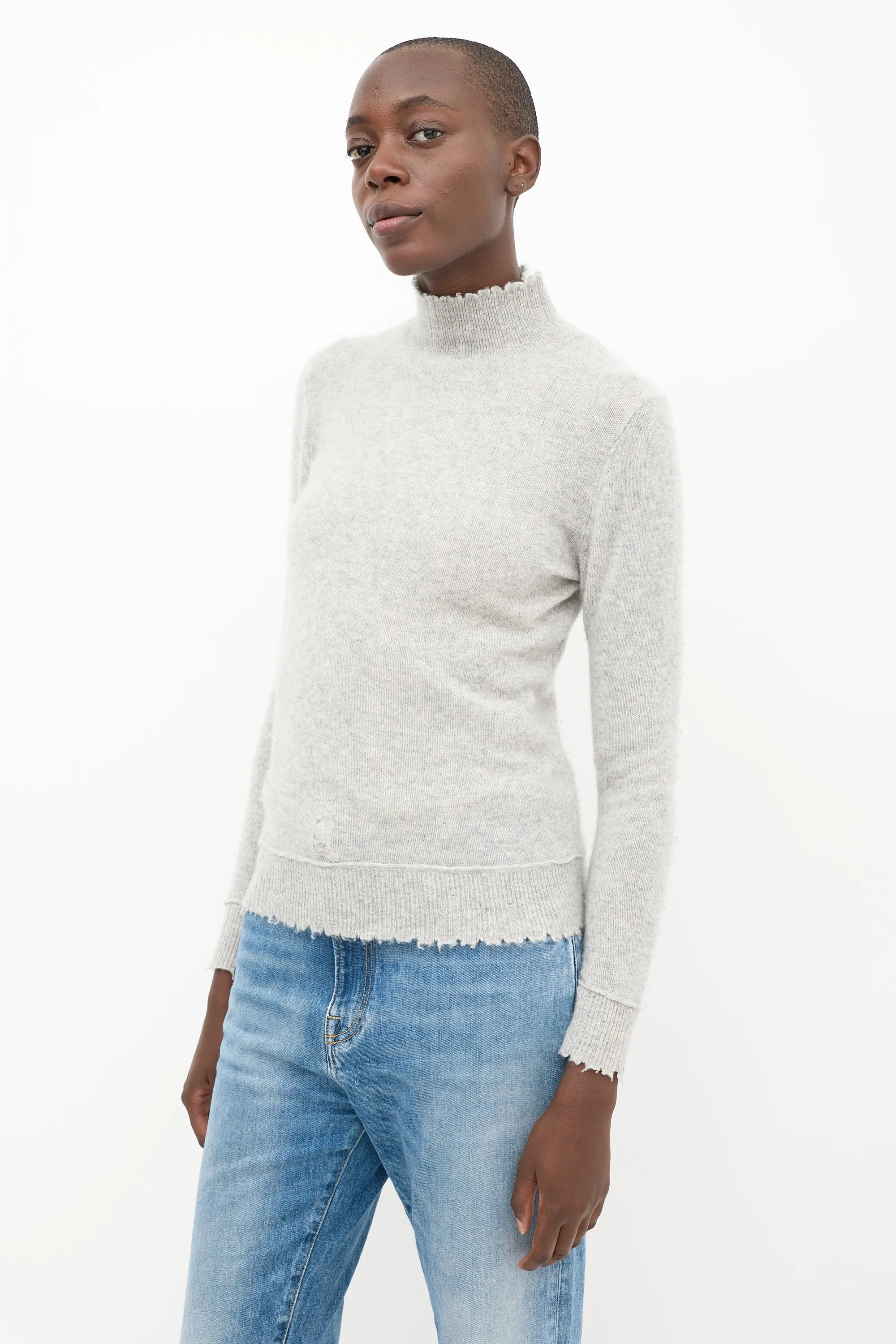 Grey Cashmere Distressed Knit Sweater