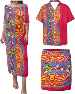 Hawaiian Dresses for Couples Polynesian Puletasi Samoan Traditional Dress with Shirt Pareo Sarong Lavalava Set