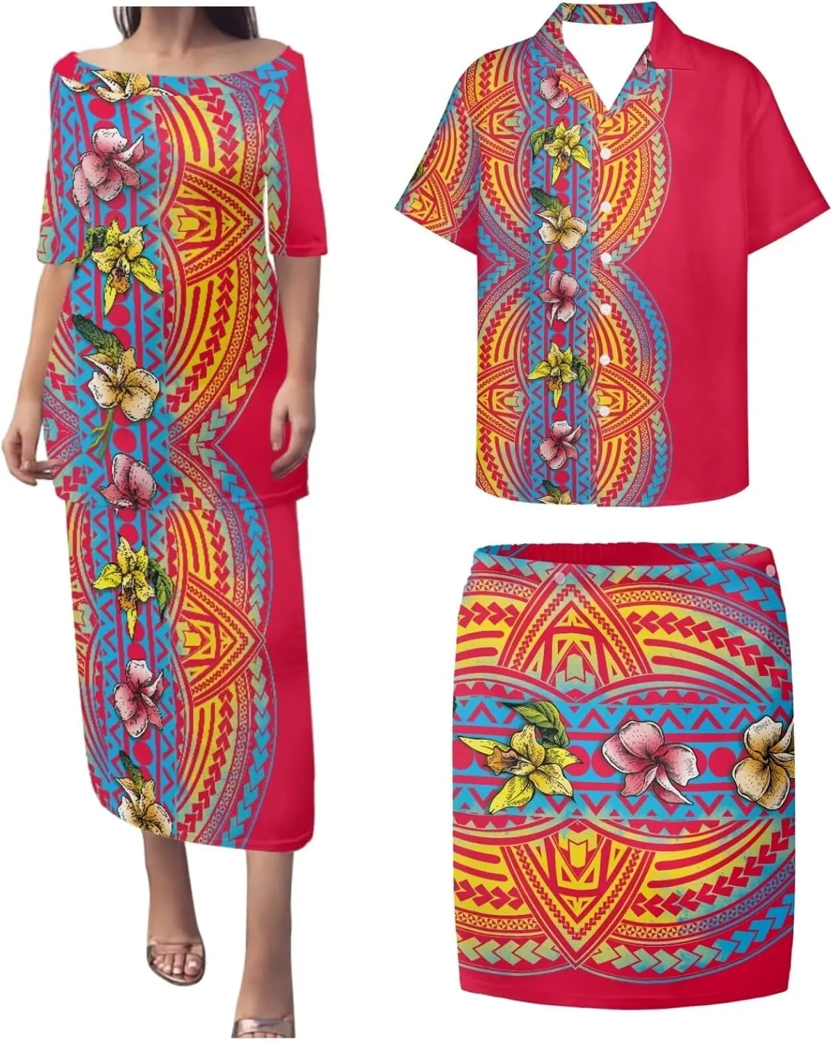 Hawaiian Dresses for Couples Polynesian Puletasi Samoan Traditional Dress with Shirt Pareo Sarong Lavalava Set