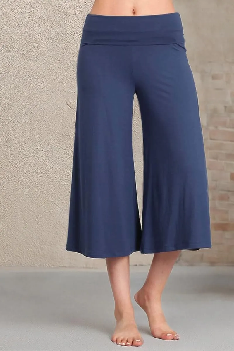 HEYHUN Women's Solid Tie Dye Wide Leg Flared Capri Boho Gaucho Pants w/Lace Detail
