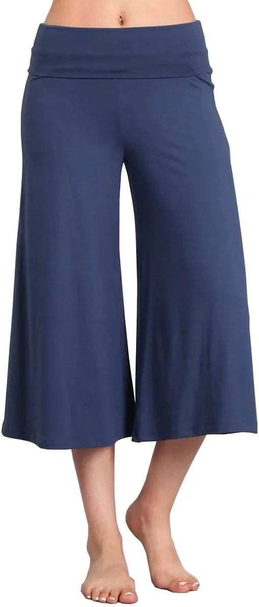 HEYHUN Women's Solid Tie Dye Wide Leg Flared Capri Boho Gaucho Pants w/Lace Detail