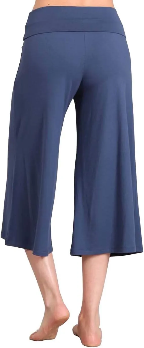 HEYHUN Women's Solid Tie Dye Wide Leg Flared Capri Boho Gaucho Pants w/Lace Detail