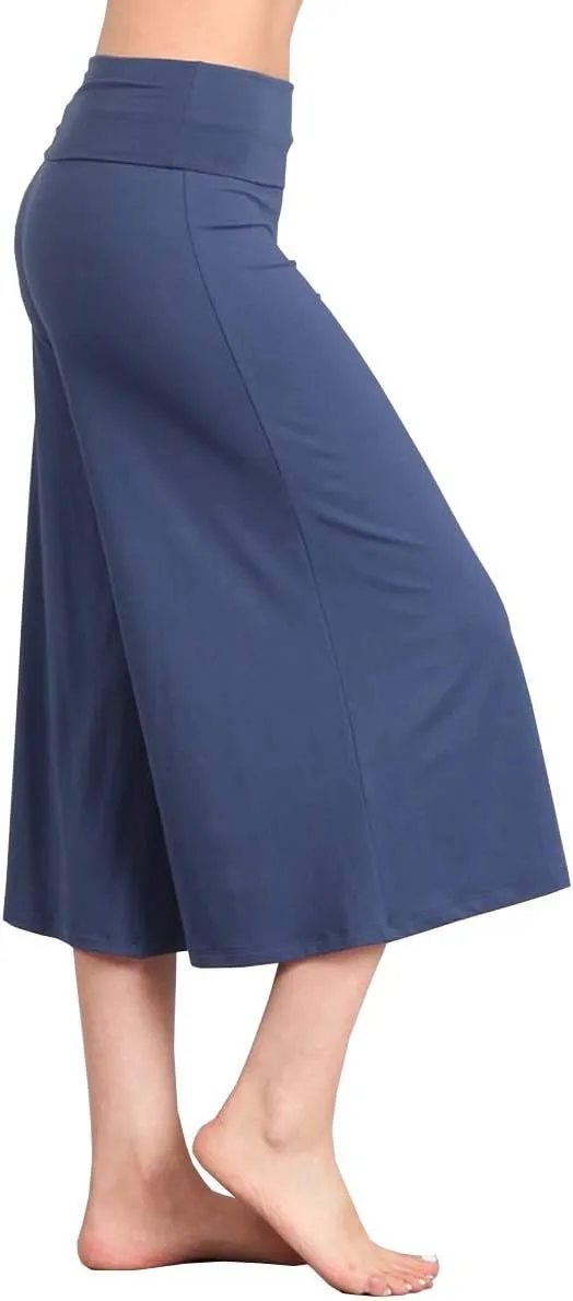 HEYHUN Women's Solid Tie Dye Wide Leg Flared Capri Boho Gaucho Pants w/Lace Detail