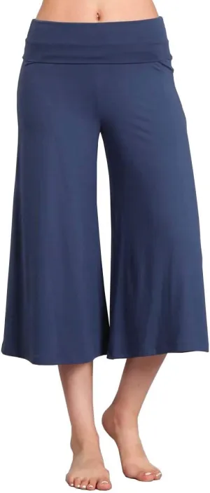 HEYHUN Women's Solid Tie Dye Wide Leg Flared Capri Boho Gaucho Pants w/Lace Detail