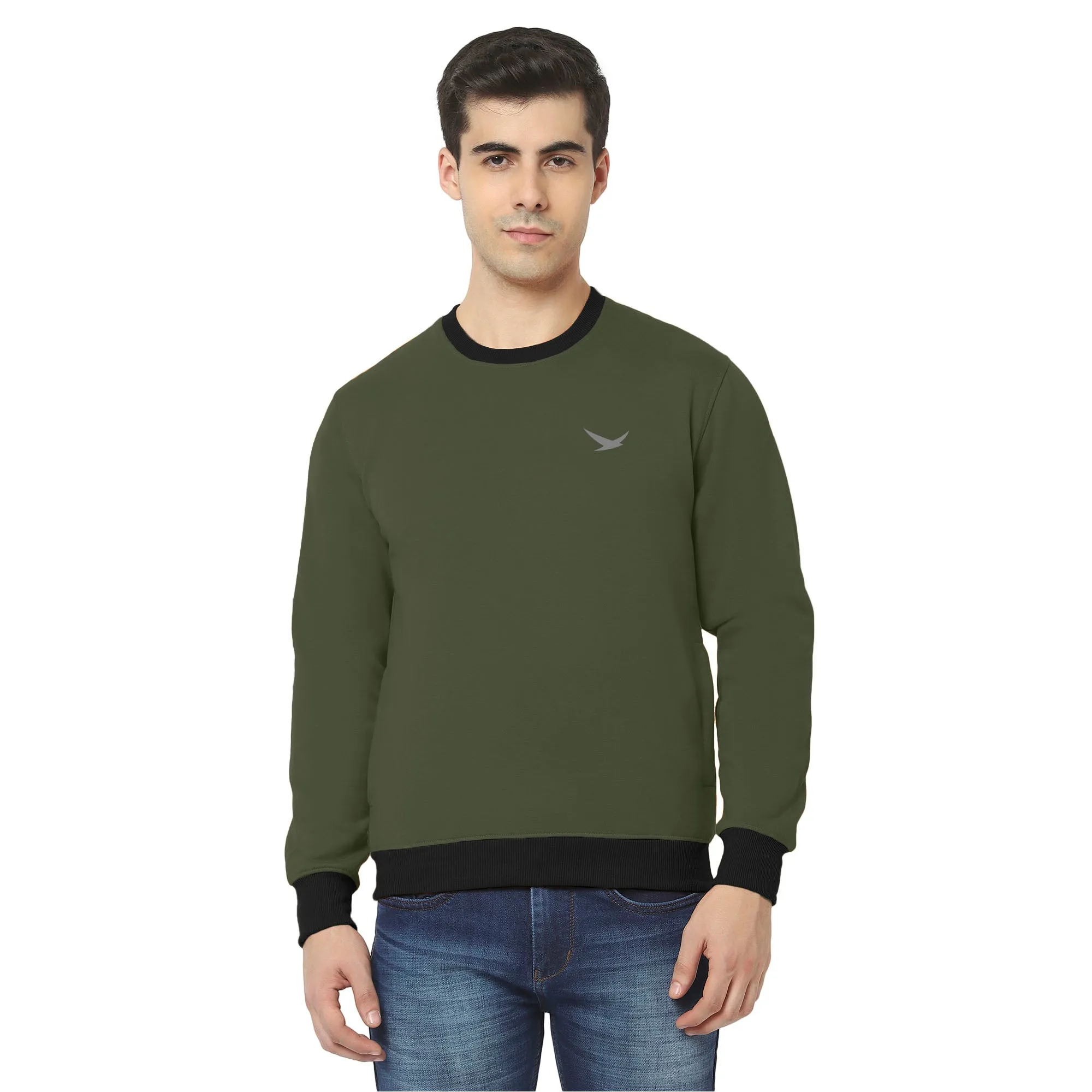 Hiflyers Men Slim Fit Cotrast Rib Cotton Fleece Round Neck Sweatshirt -Olive