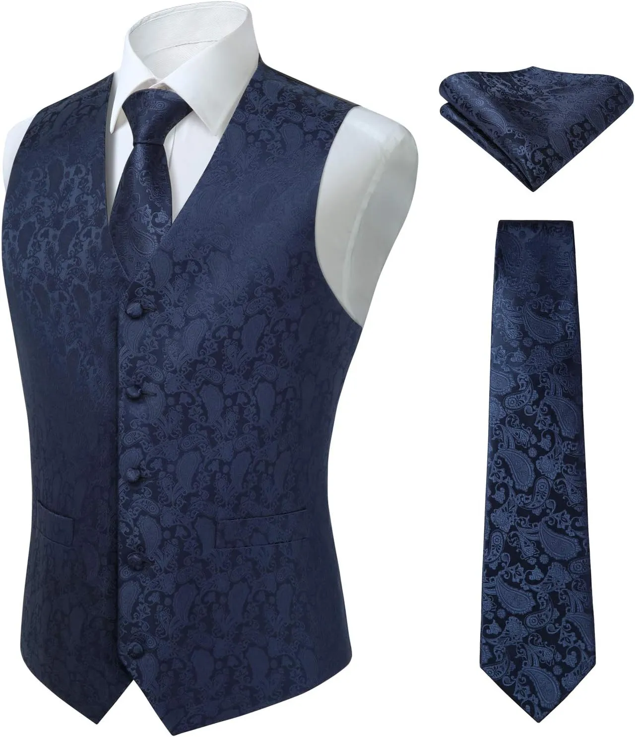 HISDERN 3PC Men's Paisley Floral Jacquard Suit Vest & Necktie and Pocket Square Formal Waistcoat for Tuxedo Wedding Party