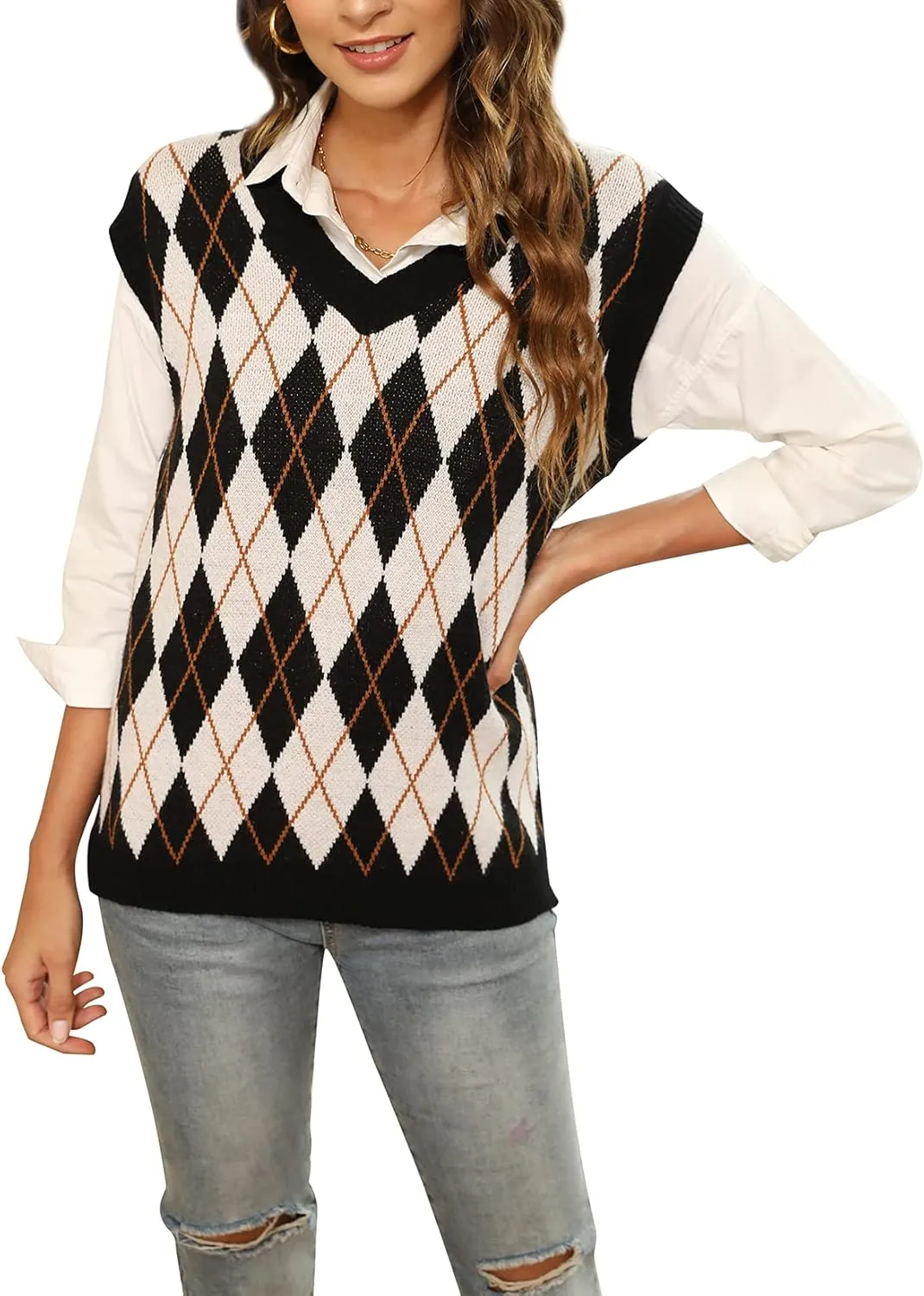 HOCOSIT Women's Knitted V-Neck Vest Argyle Plaid Preppy Style Sleeveless Pullover Crop Sweater Vest