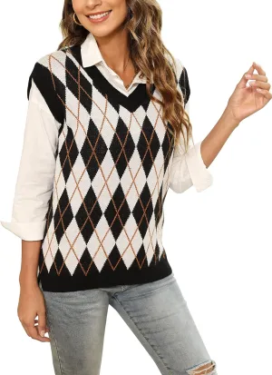 HOCOSIT Women's Knitted V-Neck Vest Argyle Plaid Preppy Style Sleeveless Pullover Crop Sweater Vest