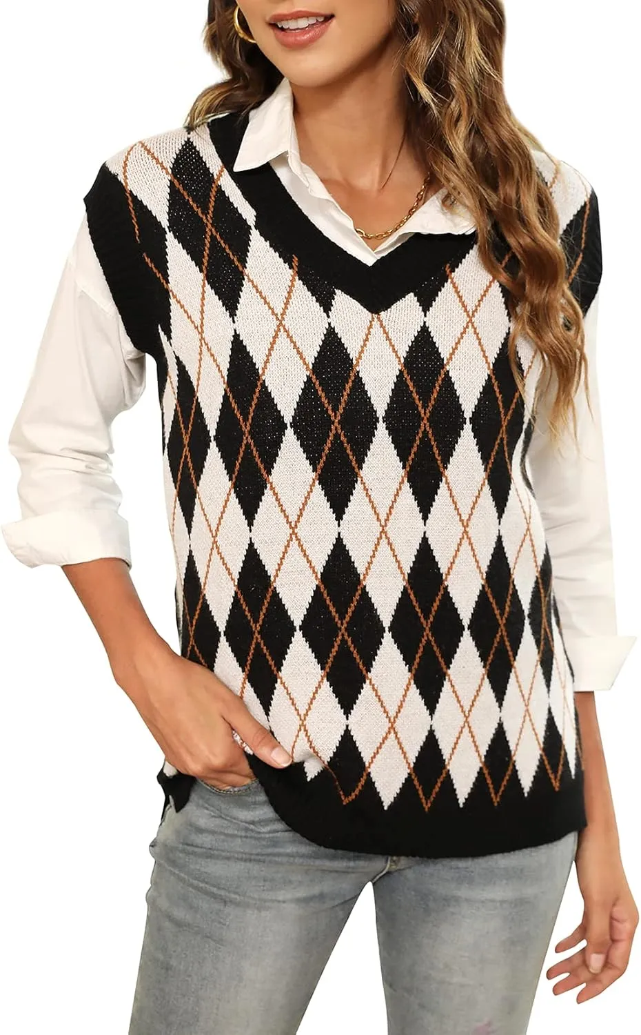 HOCOSIT Women's Knitted V-Neck Vest Argyle Plaid Preppy Style Sleeveless Pullover Crop Sweater Vest