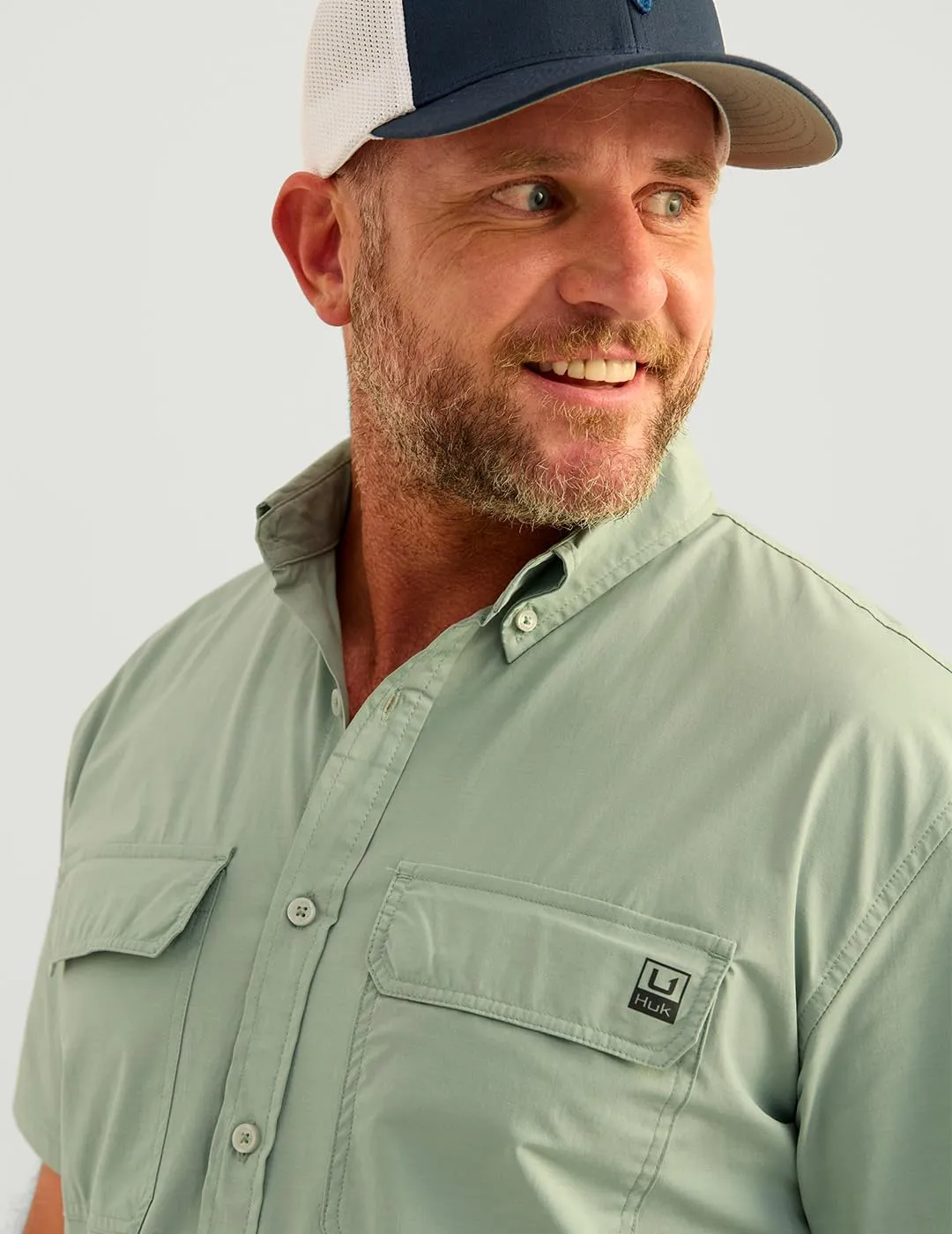 HUK Mens Next Level Solid Short Sleeve Fishing Button Down Shirt for Men