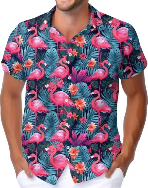 HUNTFAMI Men's Hawaiian Beach Shirt with Flamingo Shirt Men Print - Short Sleeve Linen Button Down