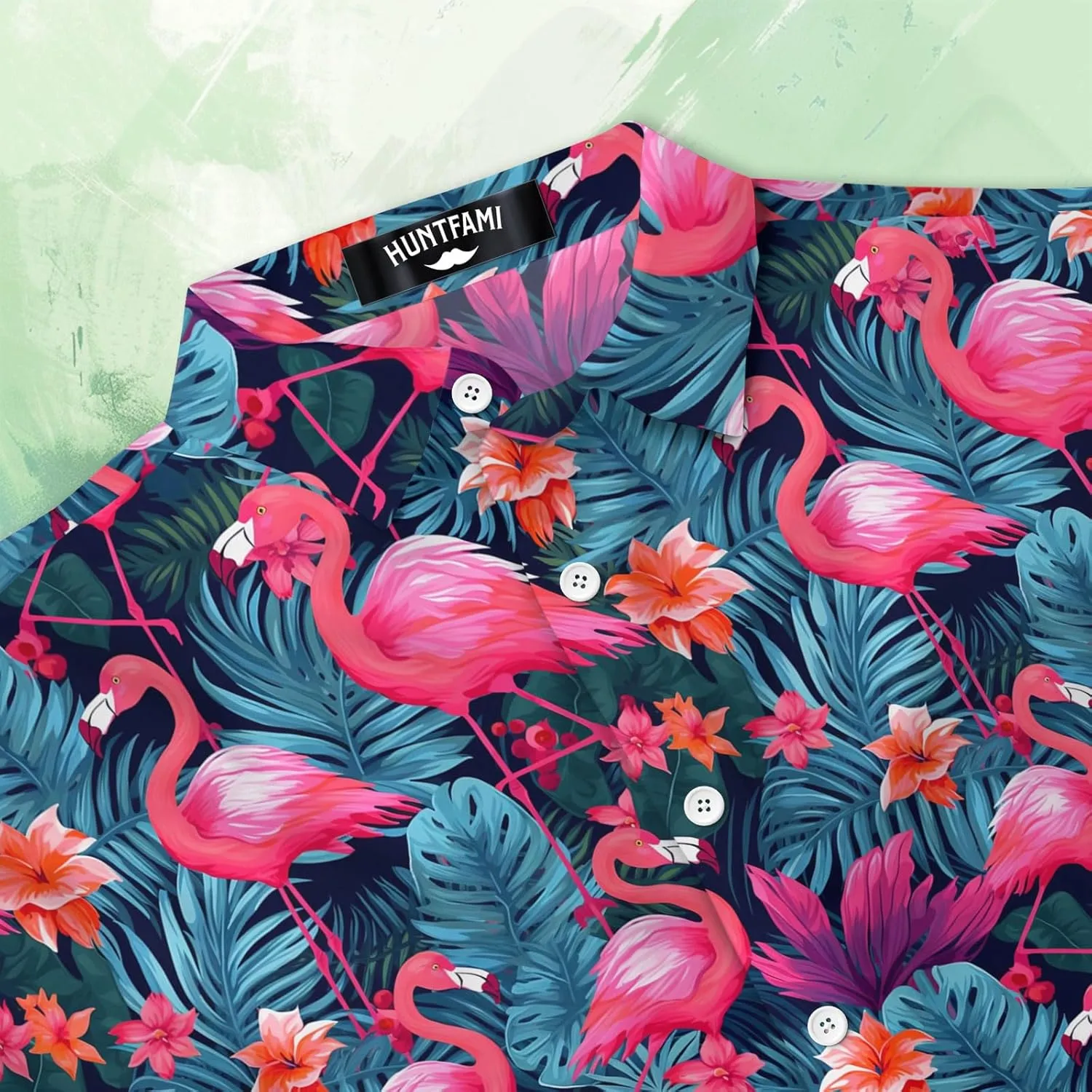 HUNTFAMI Men's Hawaiian Beach Shirt with Flamingo Shirt Men Print - Short Sleeve Linen Button Down