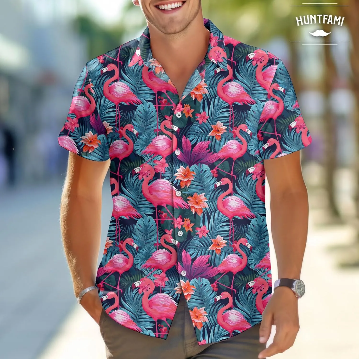 HUNTFAMI Men's Hawaiian Beach Shirt with Flamingo Shirt Men Print - Short Sleeve Linen Button Down