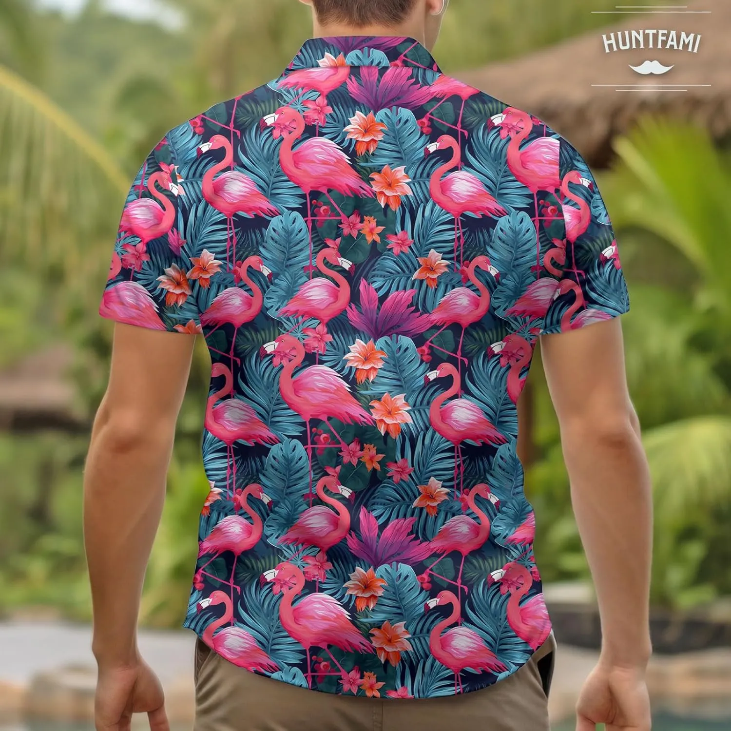 HUNTFAMI Men's Hawaiian Beach Shirt with Flamingo Shirt Men Print - Short Sleeve Linen Button Down
