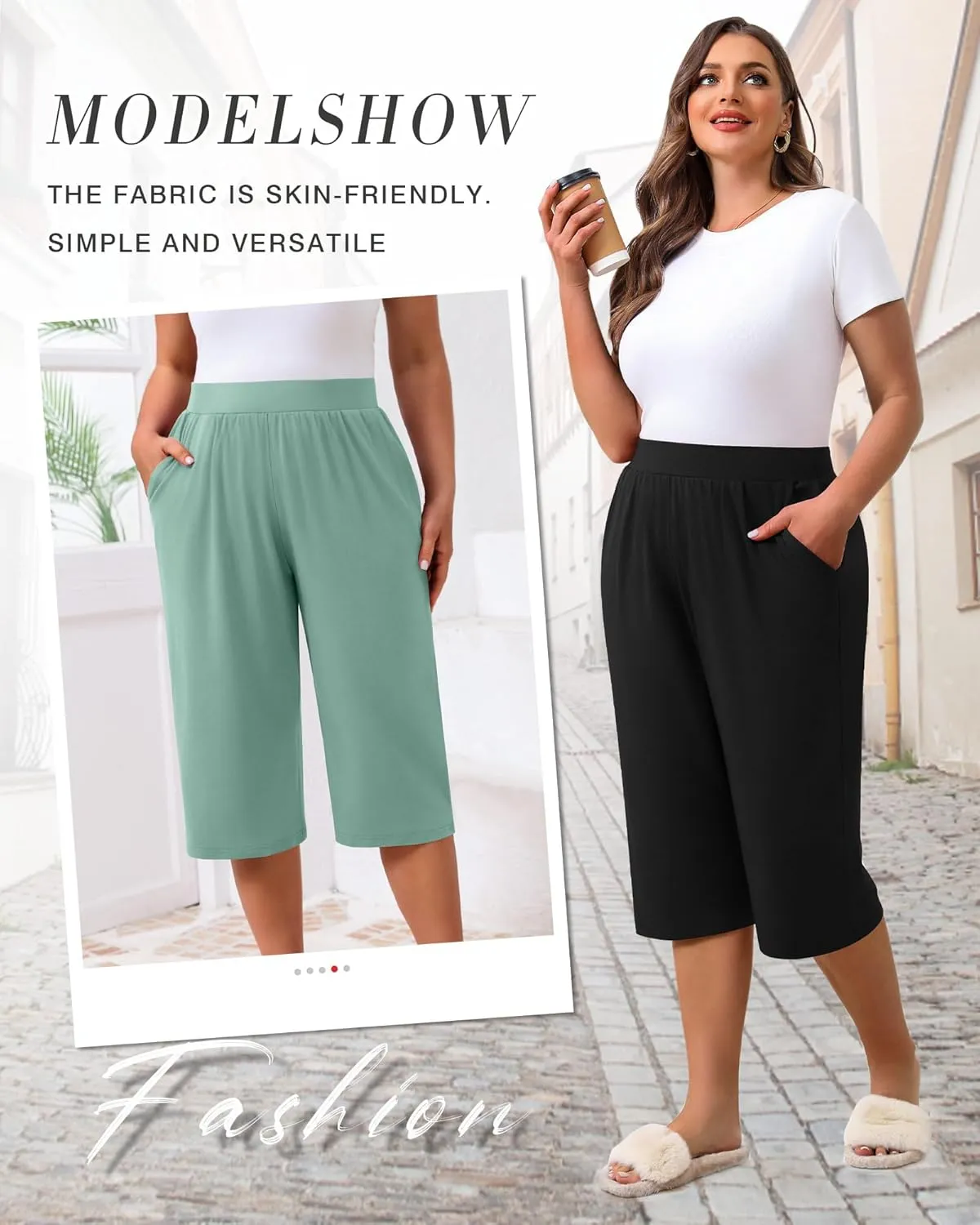 Huukeay 3 Pack Women's Plus Size Capri Pants, Cotton Wide Leg Capris Sweatpants Summer Loose Cropped Yoga Pants with Pockets