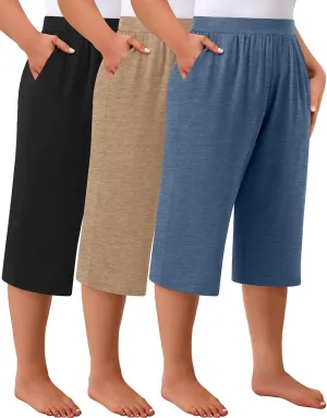 Huukeay 3 Pack Women's Plus Size Capri Pants, Cotton Wide Leg Capris Sweatpants Summer Loose Cropped Yoga Pants with Pockets