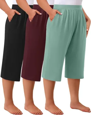 Huukeay 3 Pack Women's Plus Size Capri Pants, Cotton Wide Leg Capris Sweatpants Summer Loose Cropped Yoga Pants with Pockets