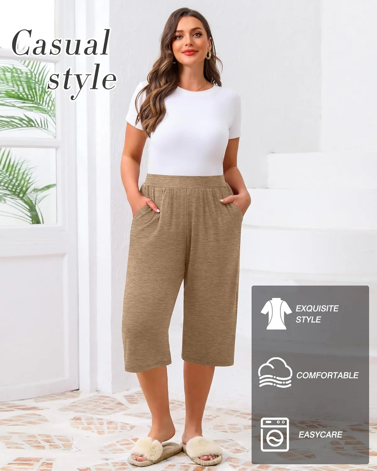 Huukeay 3 Pack Women's Plus Size Capri Pants, Cotton Wide Leg Capris Sweatpants Summer Loose Cropped Yoga Pants with Pockets