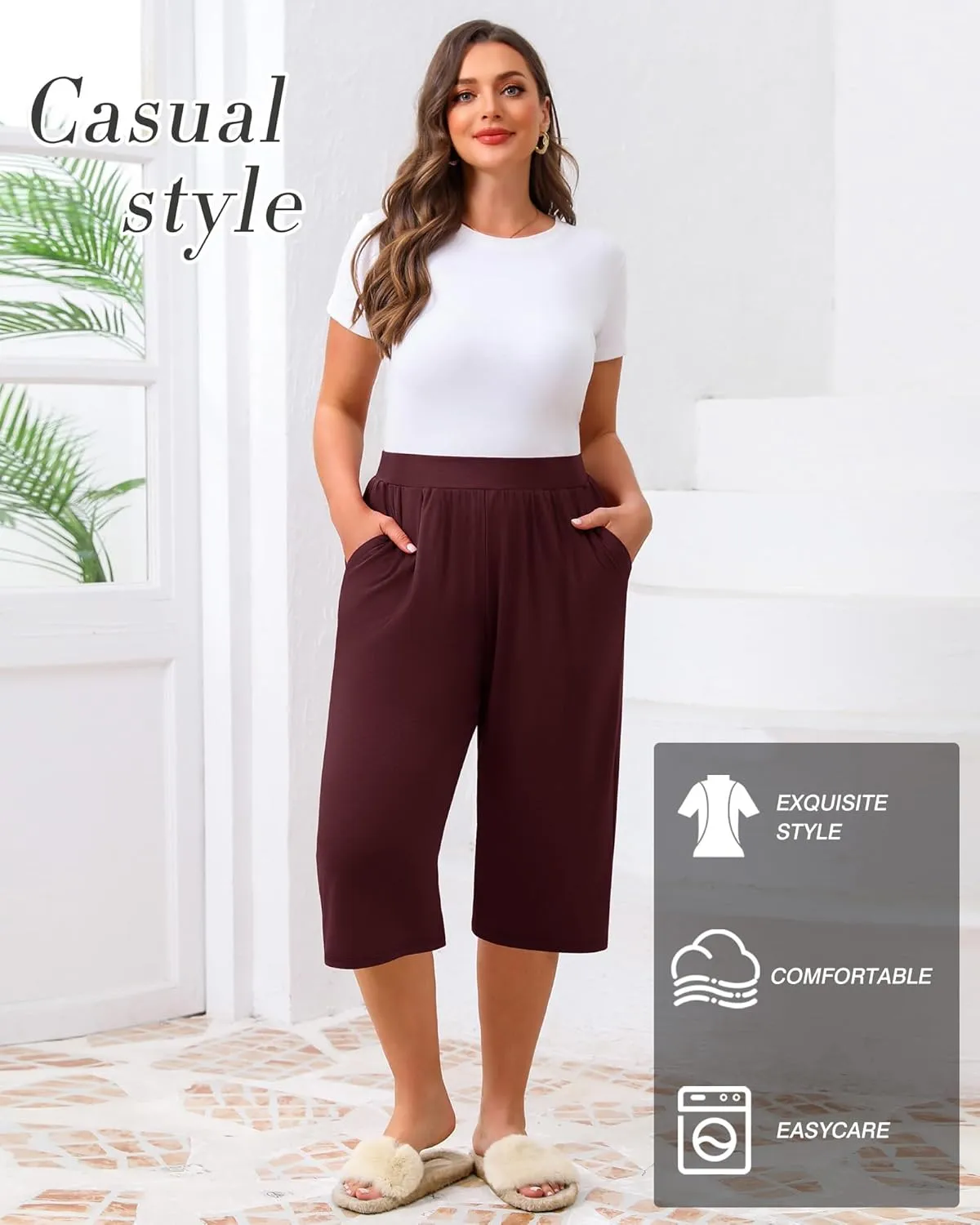 Huukeay 3 Pack Women's Plus Size Capri Pants, Cotton Wide Leg Capris Sweatpants Summer Loose Cropped Yoga Pants with Pockets