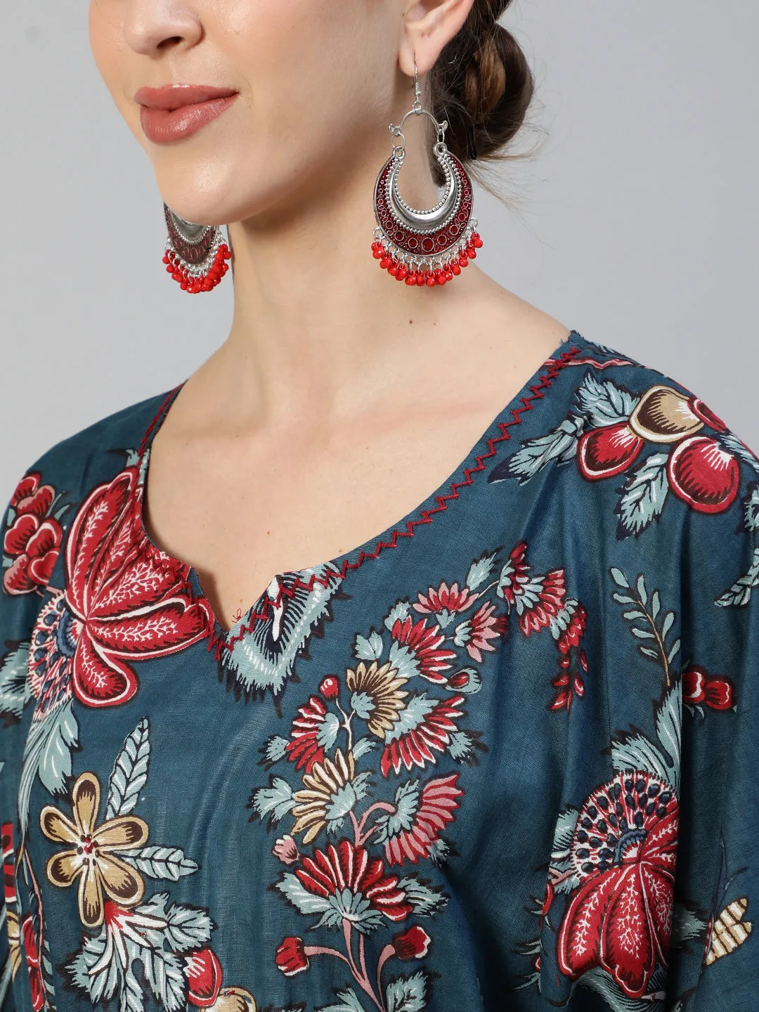 Ishin Women's Cotton Teal Blue Printed Kaftan Kurta Trouser Set