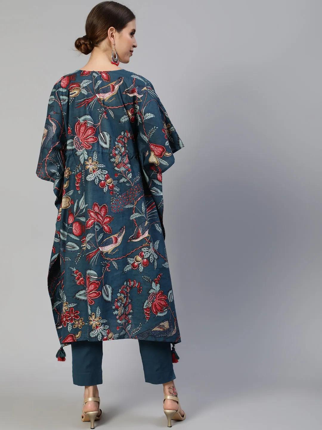 Ishin Women's Cotton Teal Blue Printed Kaftan Kurta Trouser Set