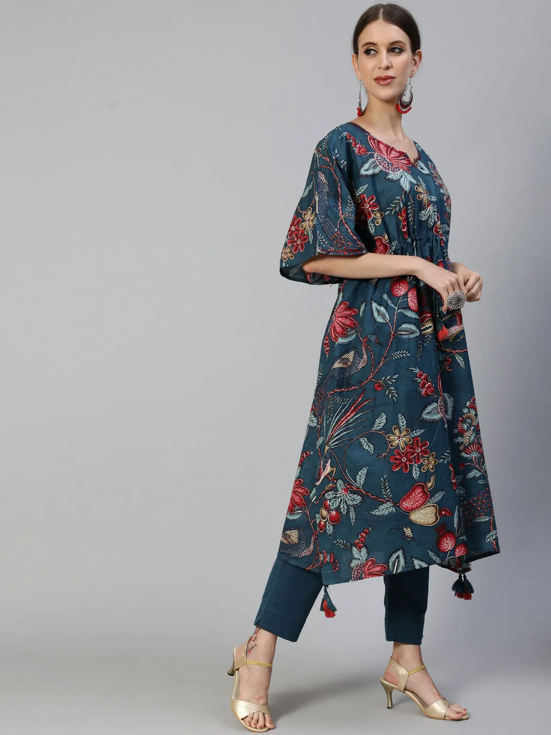 Ishin Women's Cotton Teal Blue Printed Kaftan Kurta Trouser Set