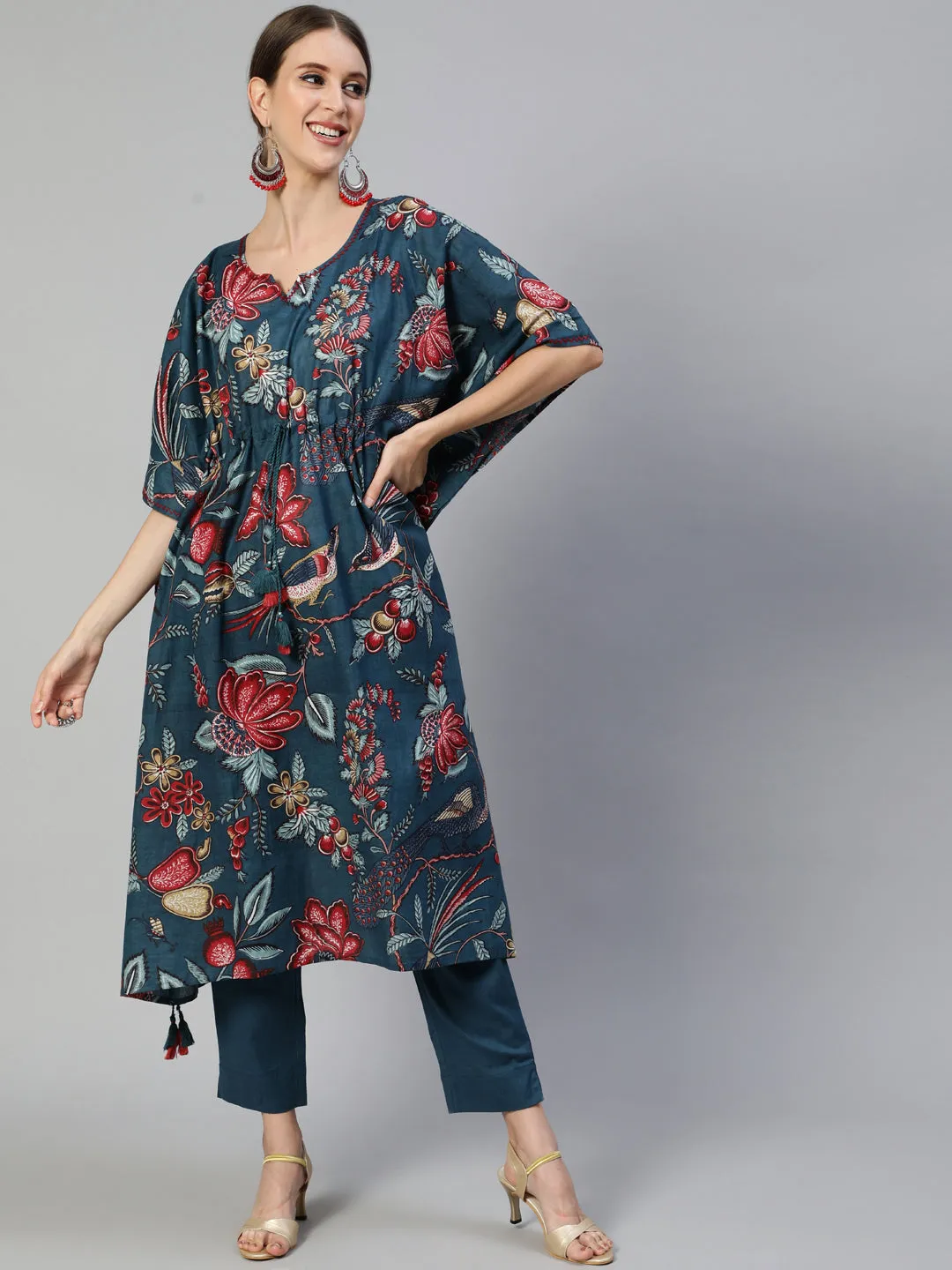 Ishin Women's Cotton Teal Blue Printed Kaftan Kurta Trouser Set