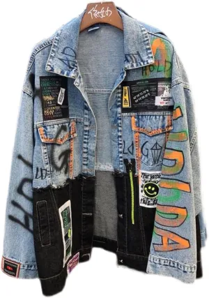 Jeans Jacket Women Streetwear Fashion Spliced Graffiti Print Denim Pocket Lapel Loose Patchwork Hip Hop Coat,Blue,M