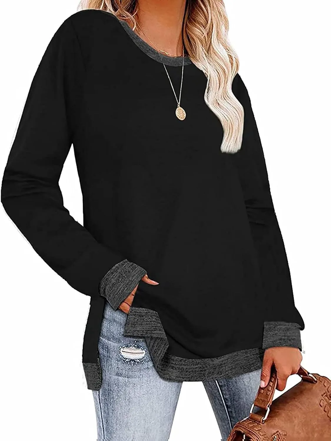 Kancystore Women's Long Sleeve Sweatshirts Color Block Crewneck Sweaters Tunic Tops