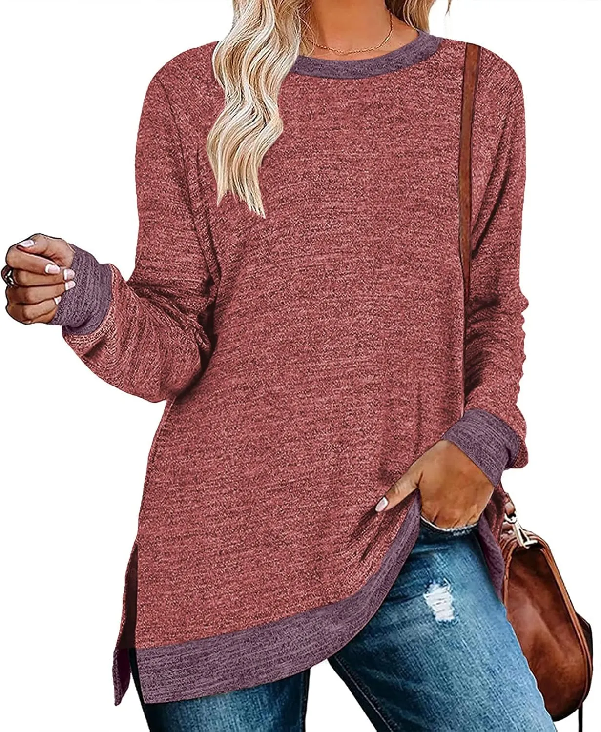 Kancystore Women's Long Sleeve Sweatshirts Color Block Crewneck Sweaters Tunic Tops
