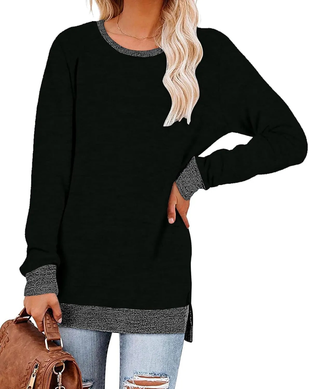 Kancystore Women's Long Sleeve Sweatshirts Color Block Crewneck Sweaters Tunic Tops