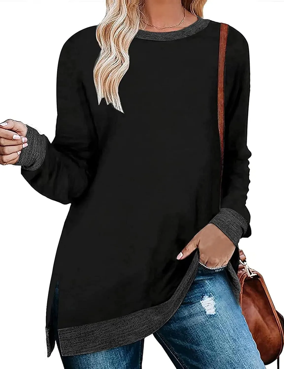 Kancystore Women's Long Sleeve Sweatshirts Color Block Crewneck Sweaters Tunic Tops
