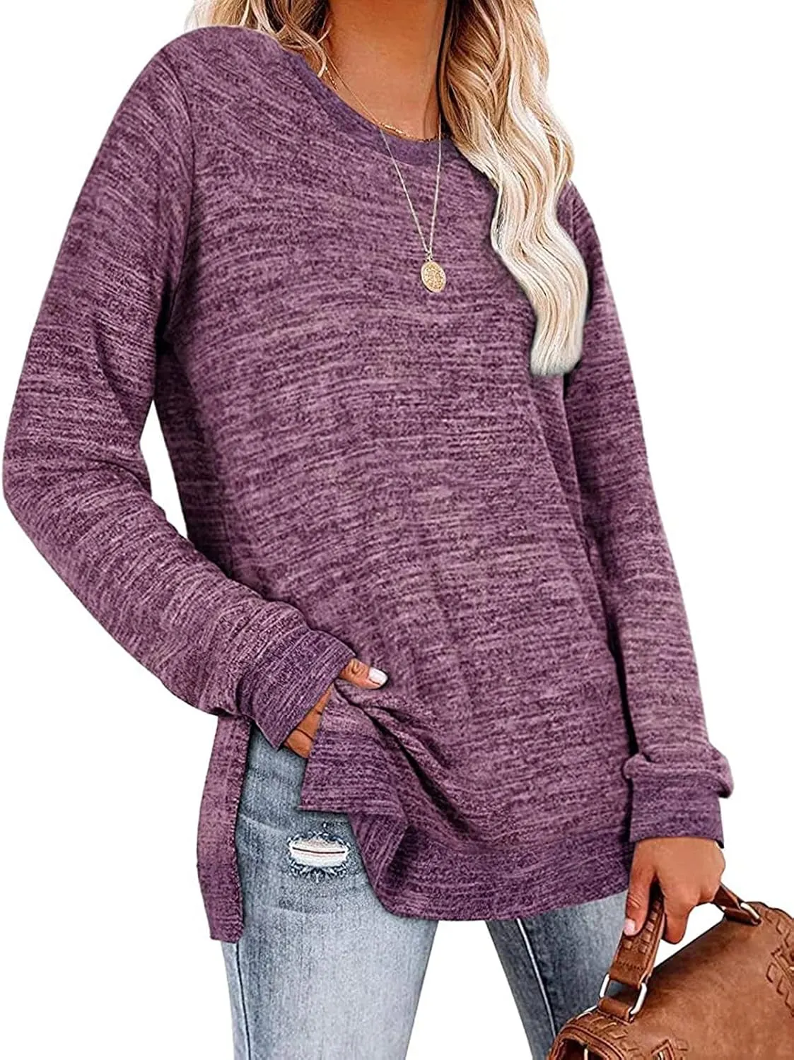 Kancystore Women's Long Sleeve Sweatshirts Color Block Crewneck Sweaters Tunic Tops