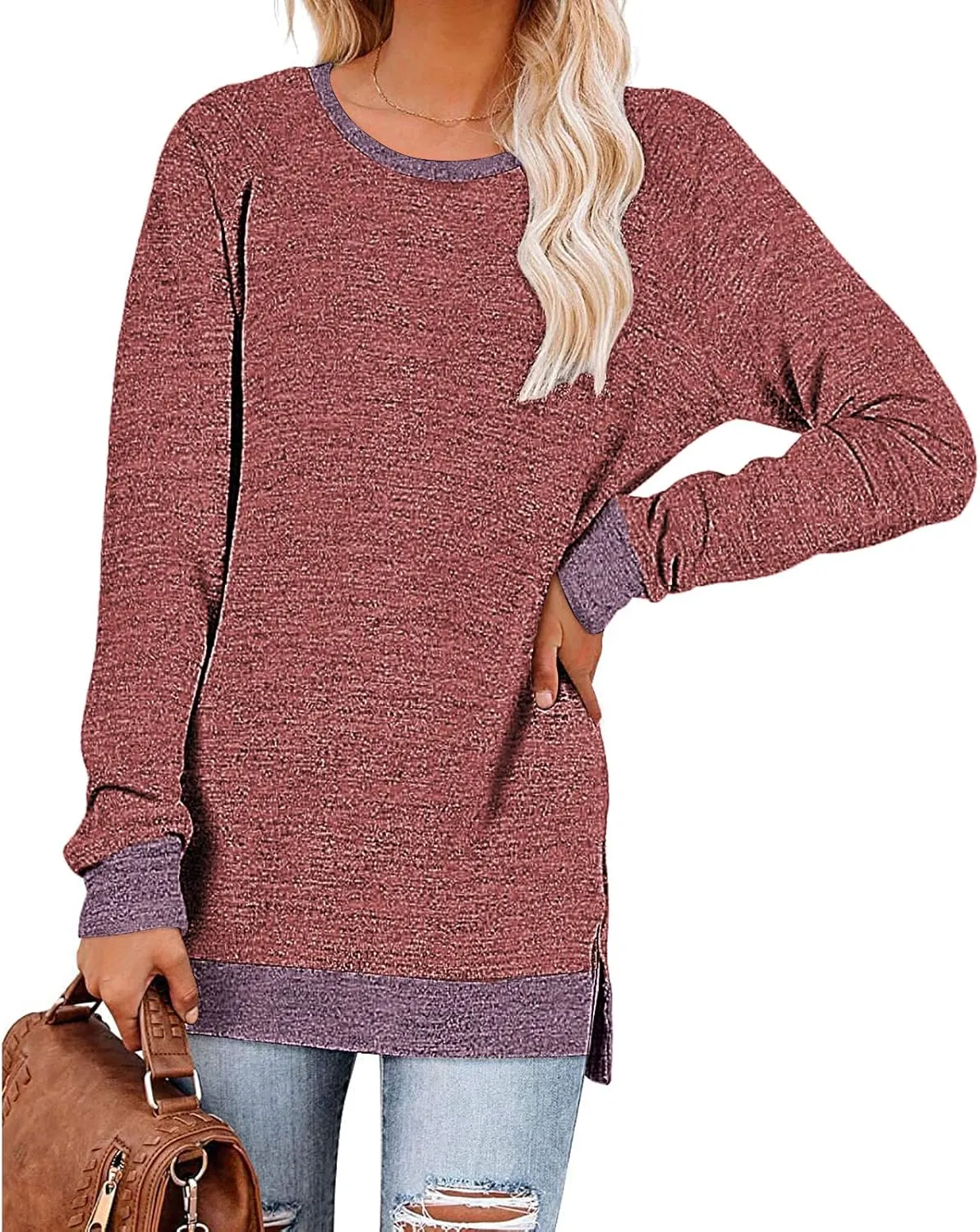 Kancystore Women's Long Sleeve Sweatshirts Color Block Crewneck Sweaters Tunic Tops
