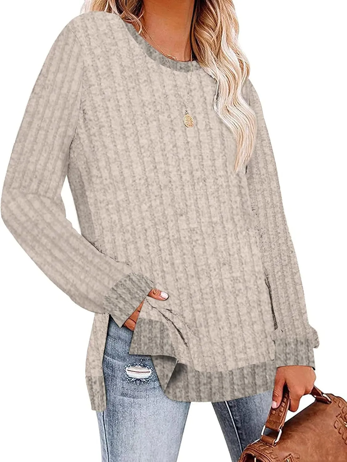 Kancystore Women's Long Sleeve Sweatshirts Color Block Crewneck Sweaters Tunic Tops