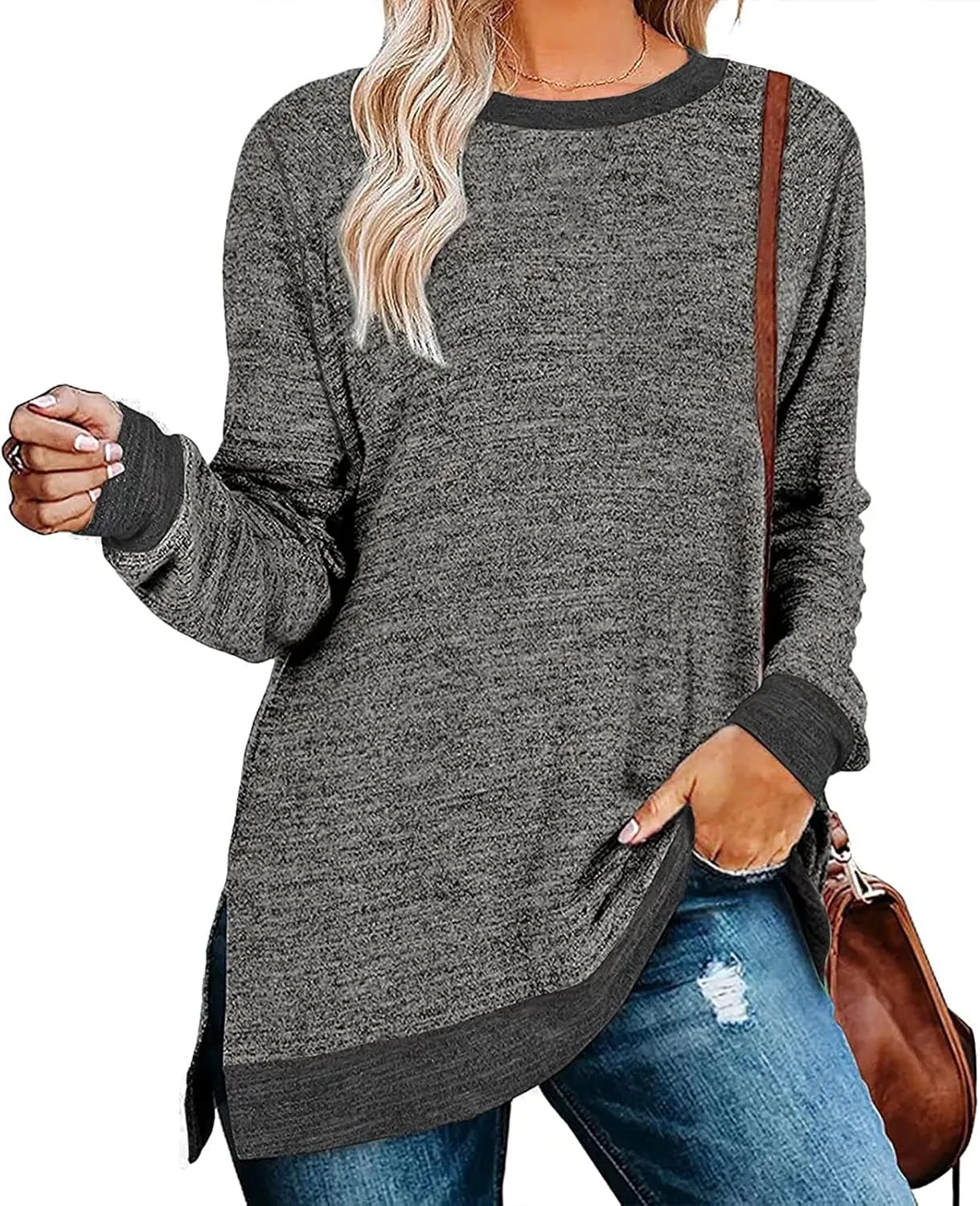 Kancystore Women's Long Sleeve Sweatshirts Color Block Crewneck Sweaters Tunic Tops