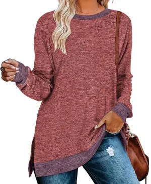 Kancystore Women's Long Sleeve Sweatshirts Color Block Crewneck Sweaters Tunic Tops