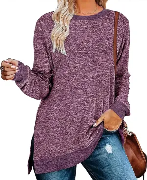 Kancystore Women's Long Sleeve Sweatshirts Color Block Crewneck Sweaters Tunic Tops