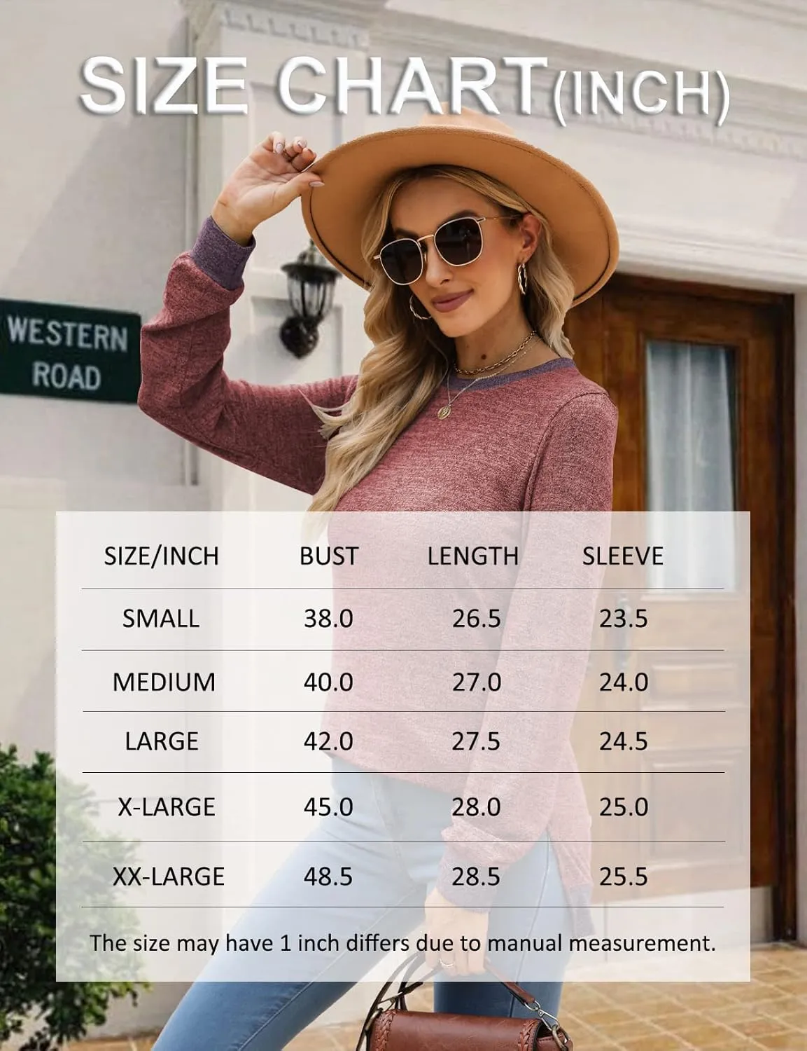 Kancystore Women's Long Sleeve Sweatshirts Color Block Crewneck Sweaters Tunic Tops