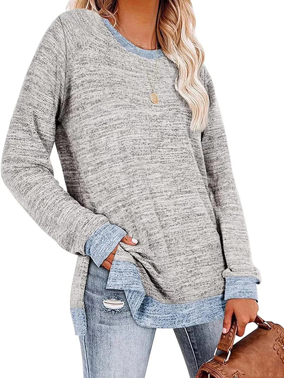 Kancystore Women's Long Sleeve Sweatshirts Color Block Crewneck Sweaters Tunic Tops